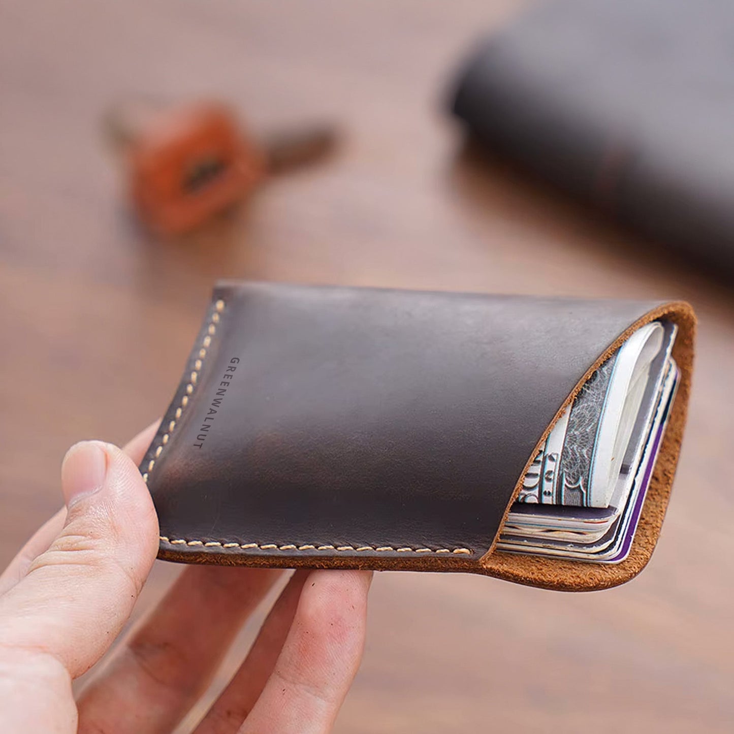 Porte-cartes minimaliste en cuir véritable | Portefeuille fin en cuir fait main