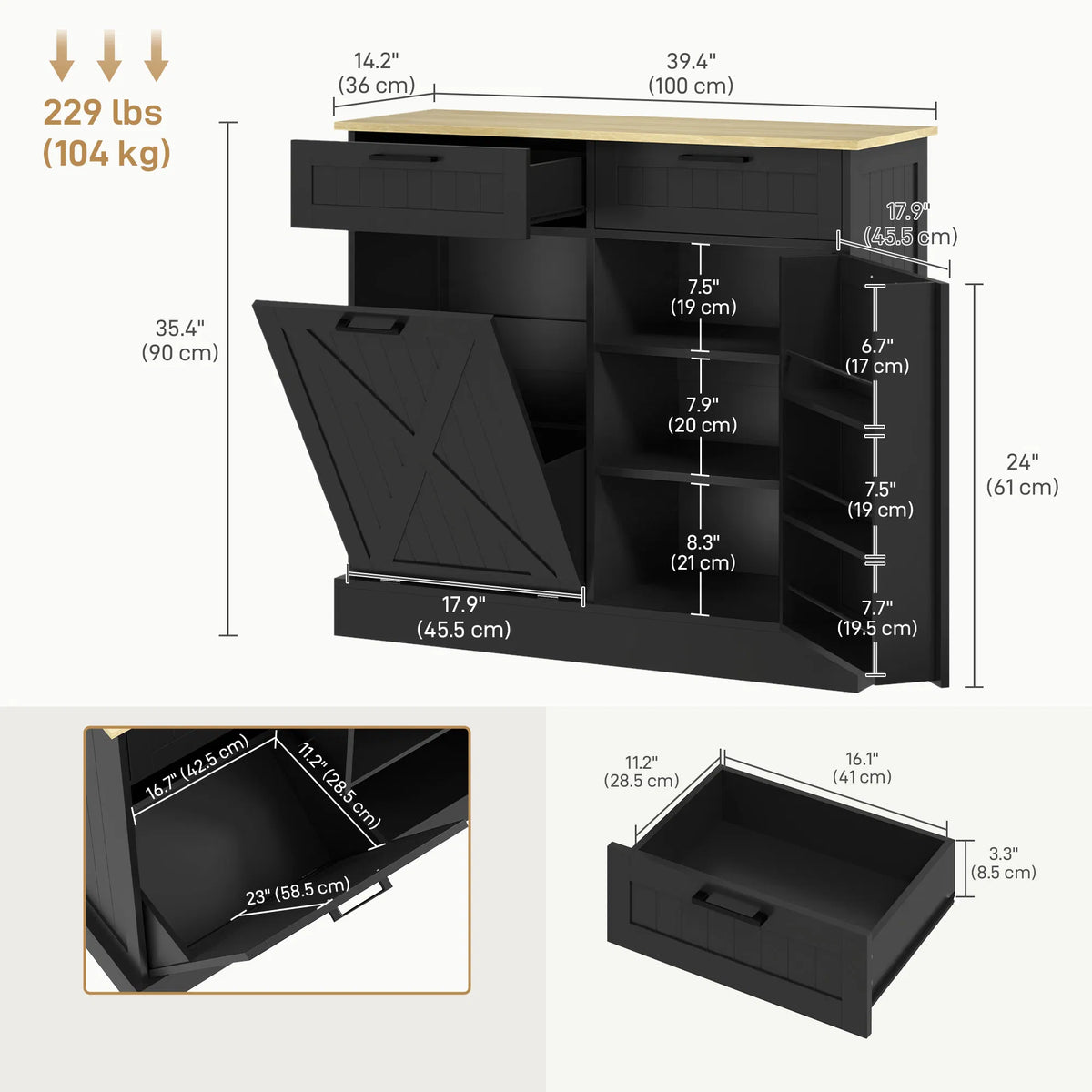 Meuble à poubelle basculant de 38 litres – Rangement dissimulé pour poubelle avec 2 tiroirs (Livraison aux États-Unis et au Canada uniquement)