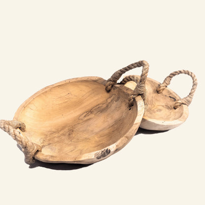 Rustic teak bowl with jute handles