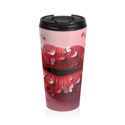 Mug de voyage en acier inoxydable Pétale Baiser | Art des lèvres, motif floral