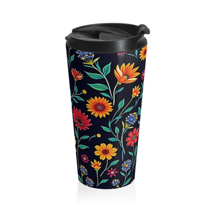 Mug de voyage en acier inoxydable motif floral coloré | Fond noir