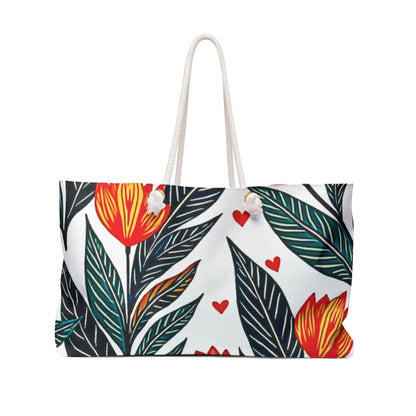Sac de voyage motif tulipe rouge | Feuilles botaniques et cœurs | Grand cabas pour mamans et voyages