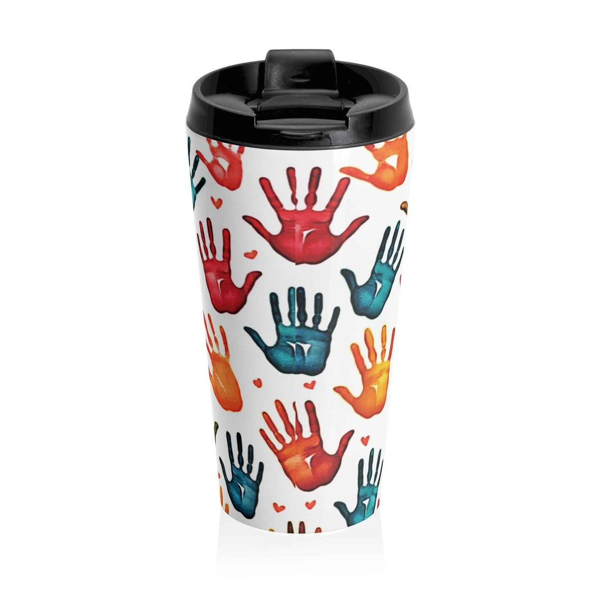 Mug de voyage — Gobelet en acier inoxydable à motifs d'empreintes de mains colorées (cadeau pour enfants et enseignants)