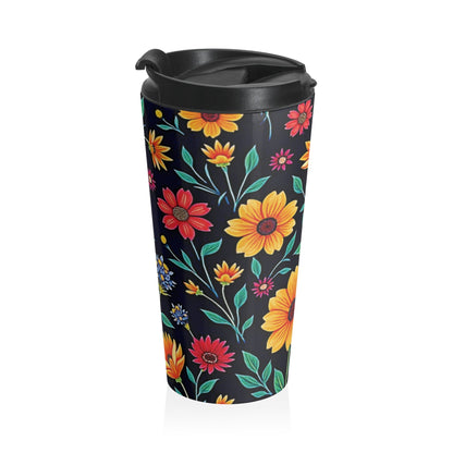 Mug de voyage en acier inoxydable motif floral coloré | Fond noir