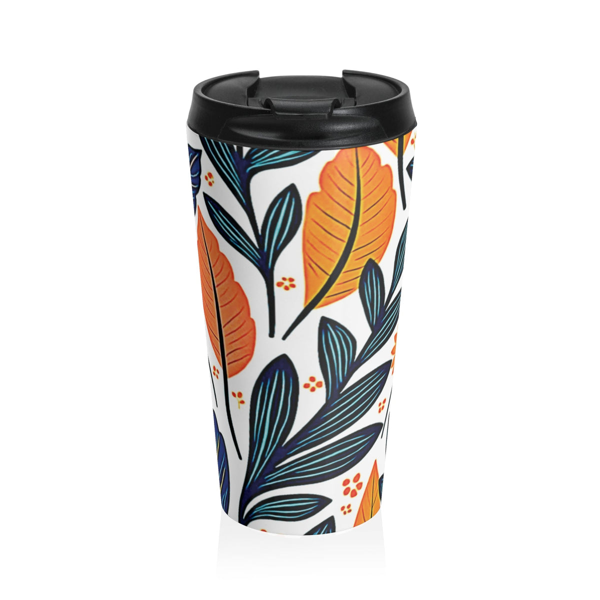 Mug de voyage floral feuillage d'automne | Motif feuilles orange et bleu