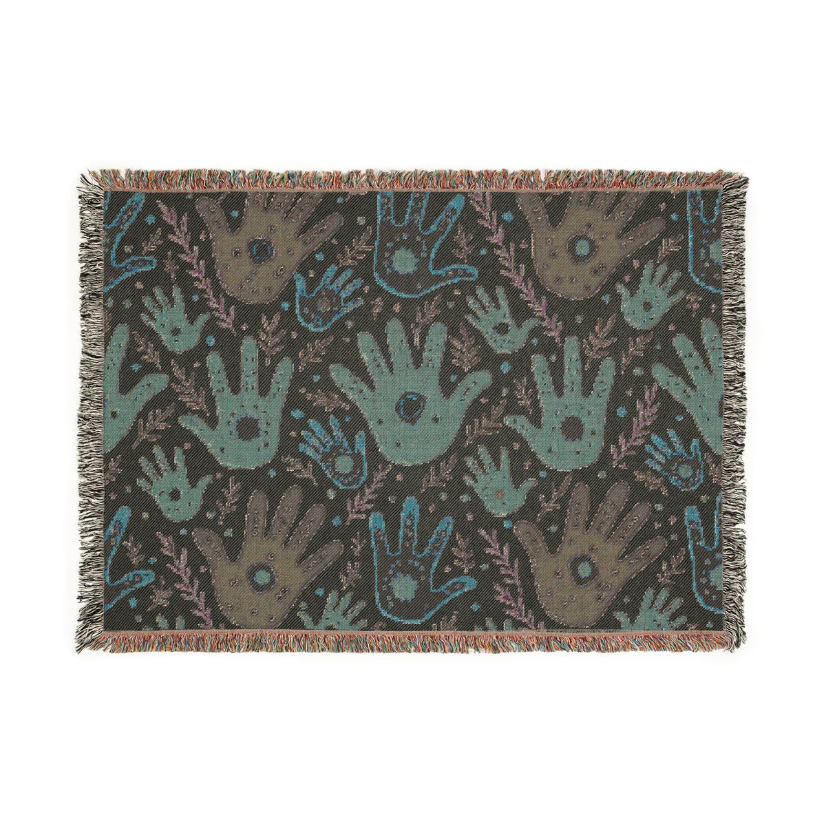 Couverture tissée à motif d'empreintes de mains — Jeté bohème tribal pour salon, chambre d'enfant ou cadeau