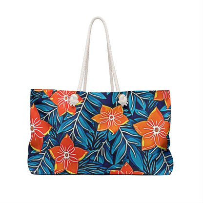 Sac de voyage à motif floral orange | Feuilles tropicales bleues | Grand cabas
