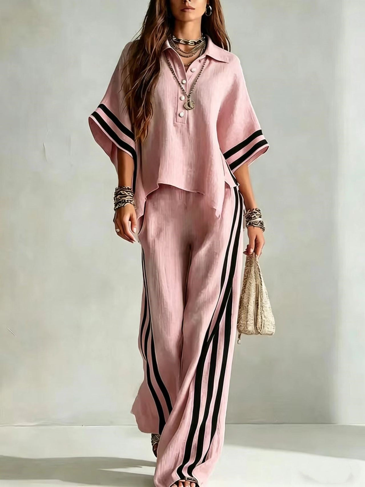 Ensemble deux pièces chemise à manches courtes et pantalon ample pour femme