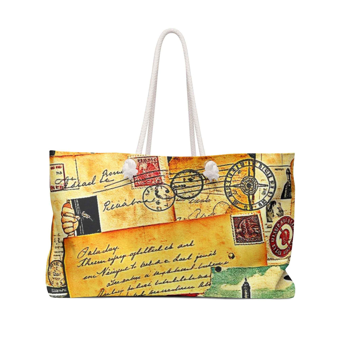 Sac polochon cartes postales de voyage vintage | Collage de timbres rétro, grand sac fourre-tout