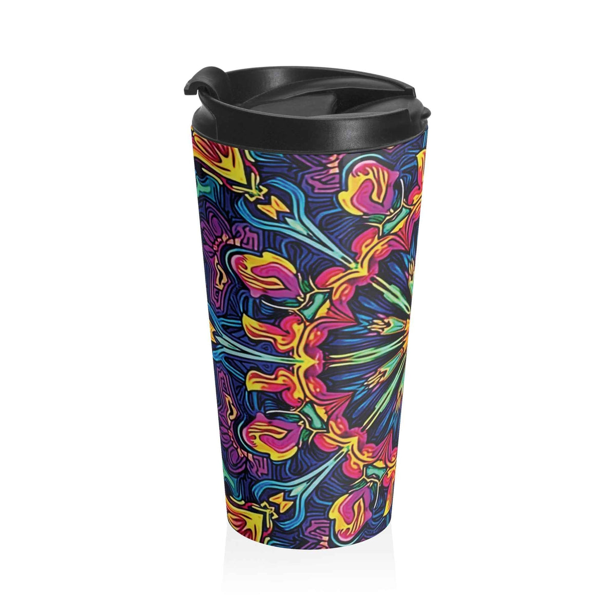 Mug de voyage en acier inoxydable Mandala Néon Kaléidoscope