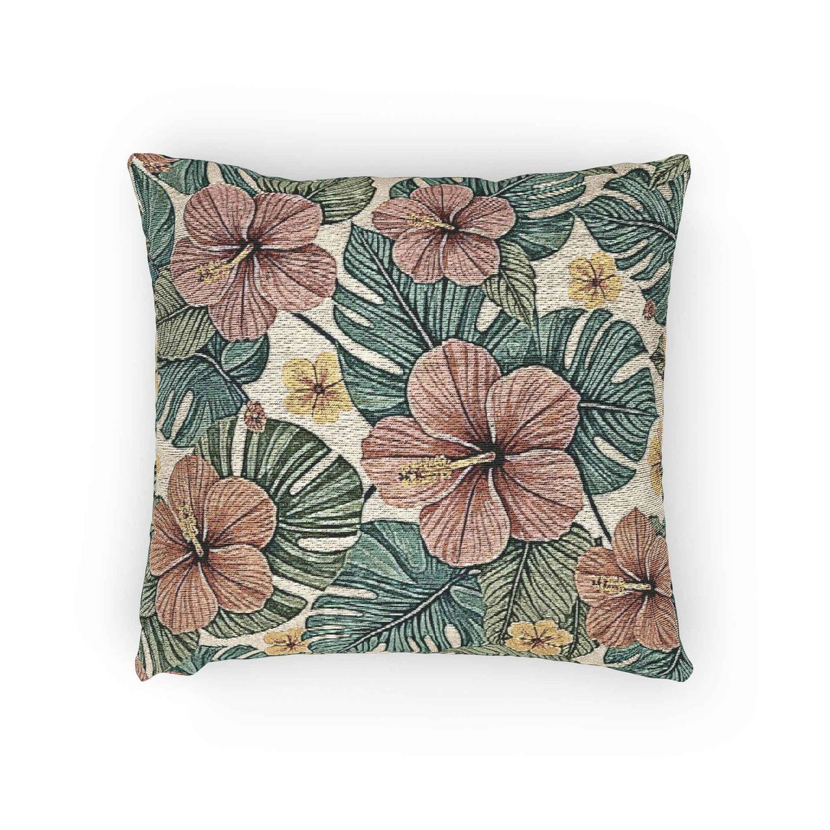 Coussin décoratif tissé à motifs de fleurs d'hibiscus tropicales | Coussin botanique