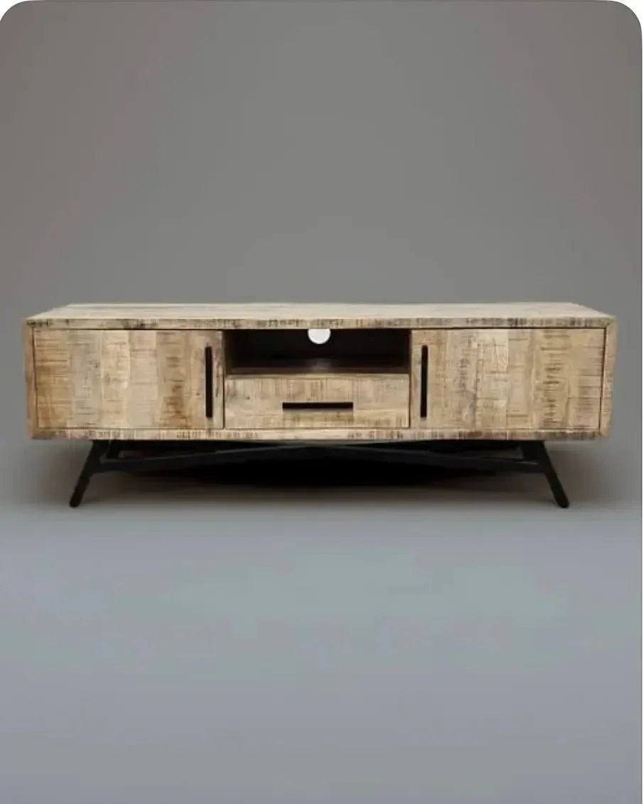 Meuble télé en bois de manguier brut sur patte en acier noir