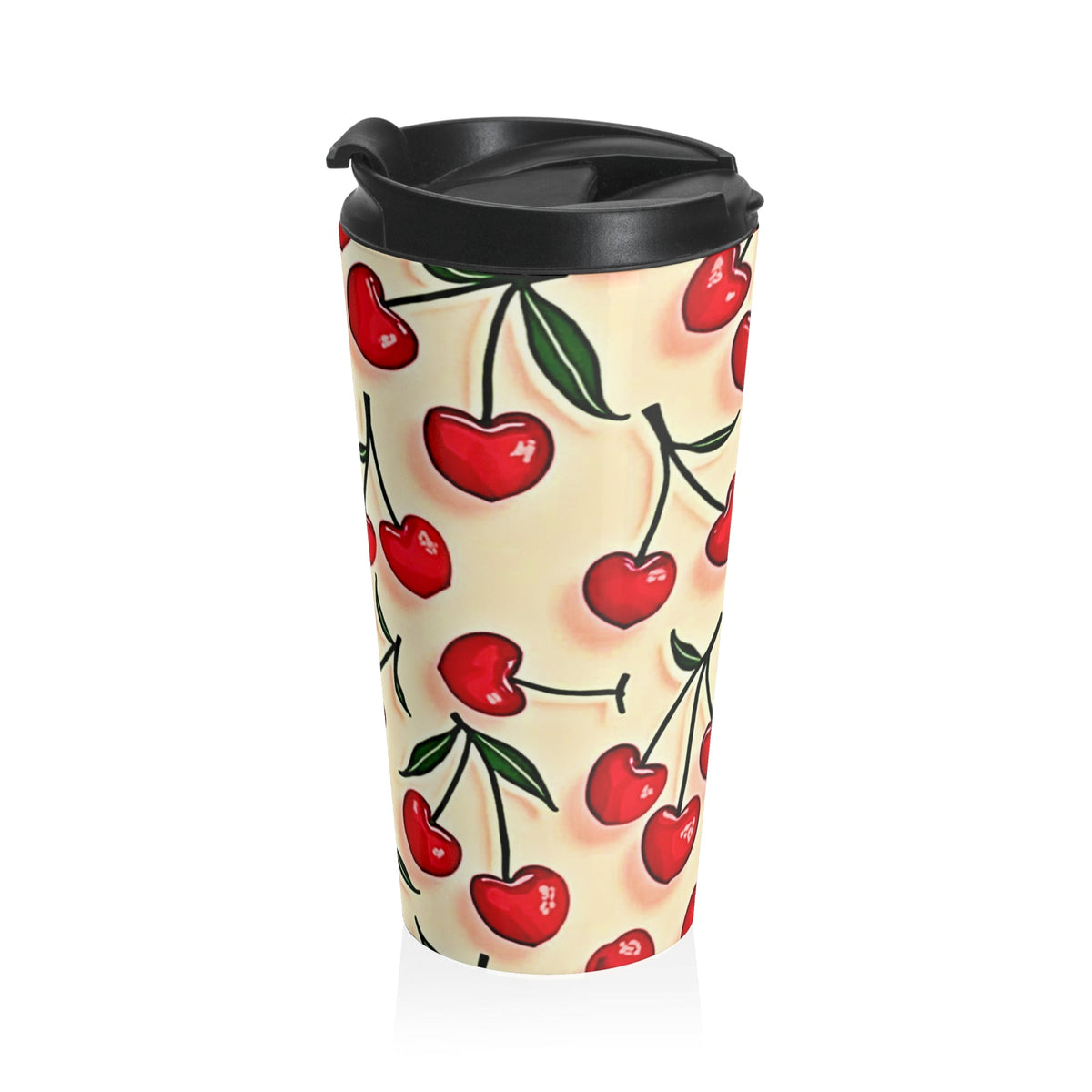 Mug de voyage en acier inoxydable à motif cerises — Gobelet isotherme rétro à cerises rouges