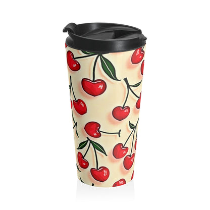 Mug de voyage en acier inoxydable à motif cerises — Gobelet isotherme rétro à cerises rouges