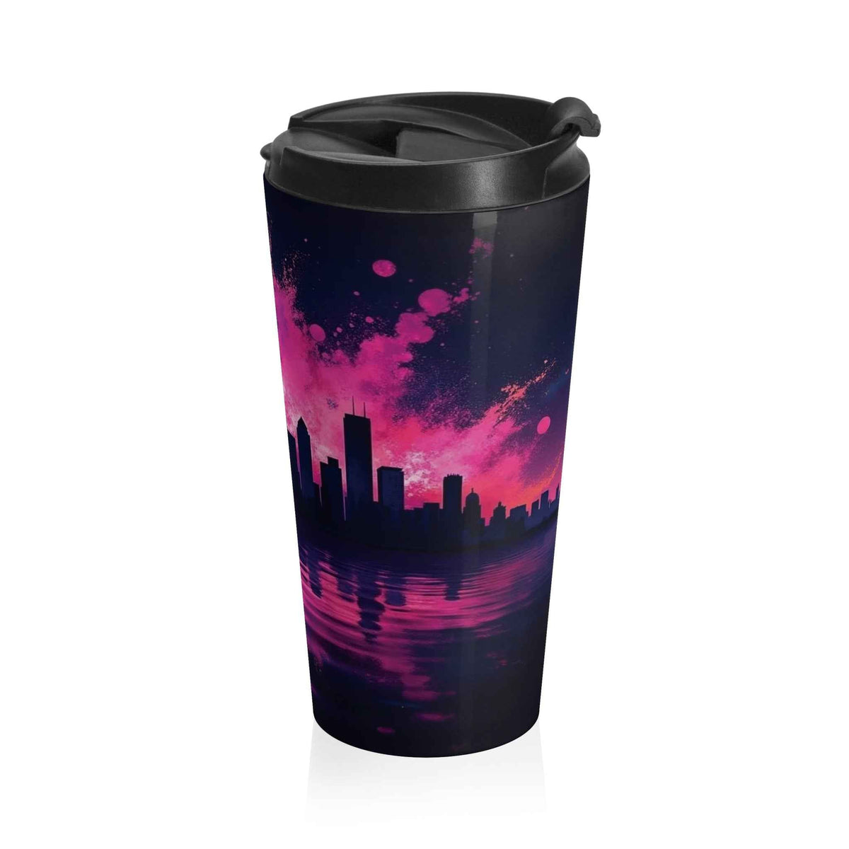 Mug de Voyage Isotherme en Acier Inoxydable Neon City Skyline — Thermos Urbain Rétro Coucher de Soleil