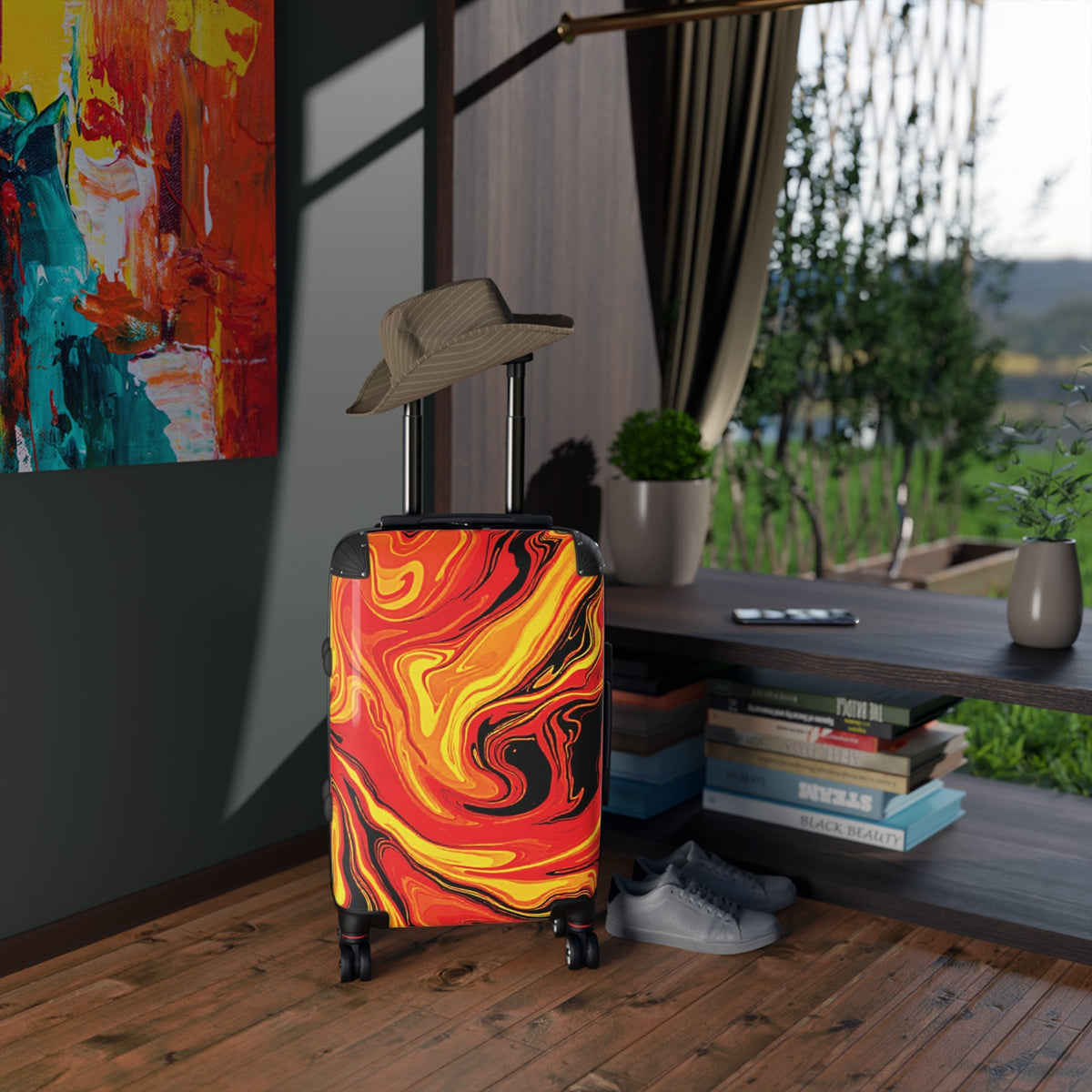 Valise cabine marbre ardent — Bagage tourbillonnant rouge et jaune audacieux