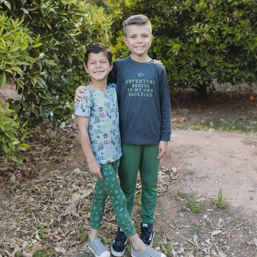 Youth Graphic Bamboo Raglan Sleeve Pullover | Adventures Begin In My Own Backyard In Charcoal