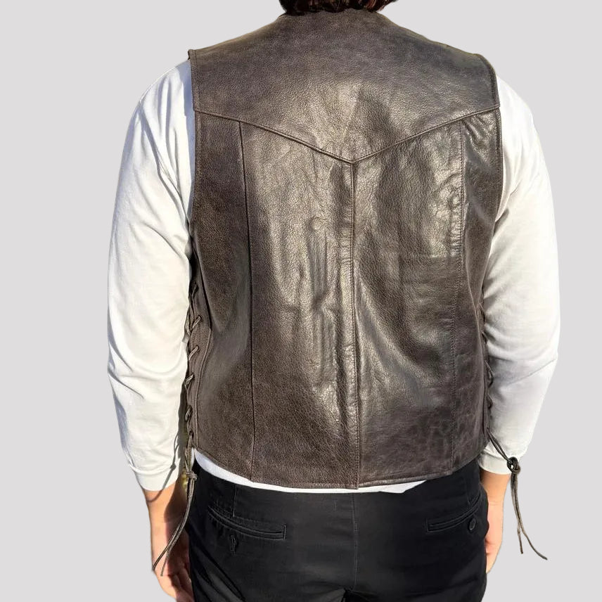 Gilet motard en cuir de buffle pour homme. Gilet à lacets latéraux ajustables
