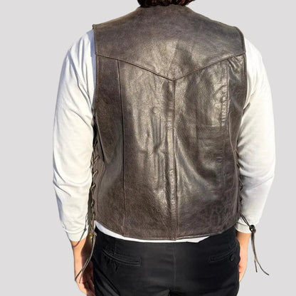 Gilet motard en cuir de buffle pour homme. Gilet à lacets latéraux ajustables