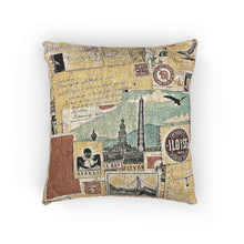 Housse de coussin tissée collage voyage vintage | Tapisserie carte postale ville