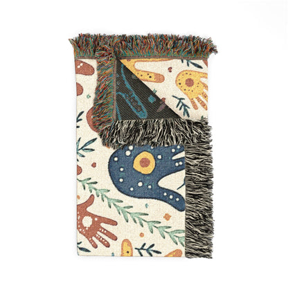 Couverture tissée à motif d'empreintes de mains — Jeté bohème tribal pour salon, chambre d'enfant ou cadeau