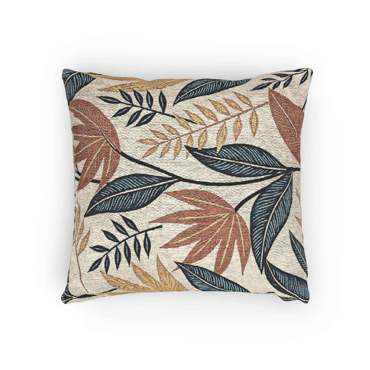 Oreiller tissé à motif de feuilles tropicales | Coussin décoratif botanique, design bleu rouille neutre