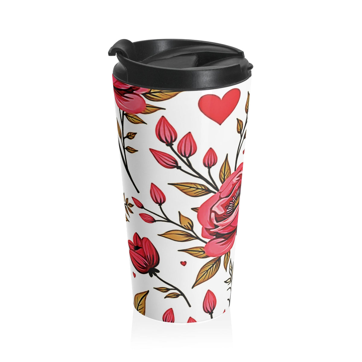 Mug de voyage à motif floral roses rouges | Gobelet isotherme en acier inoxydable