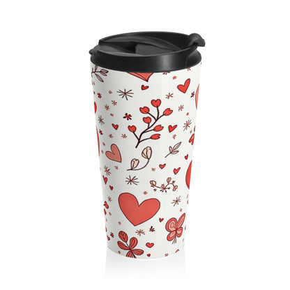 Mug de voyage cœurs dessinés à la main | Papillon et fleurs Saint-Valentin en acier inoxydable