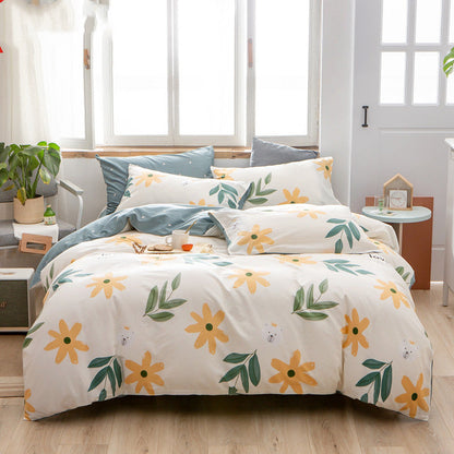 Cotton 4-Piece Bedding Set – Floral Plant Print Bed Linen Set with Duvet Cover