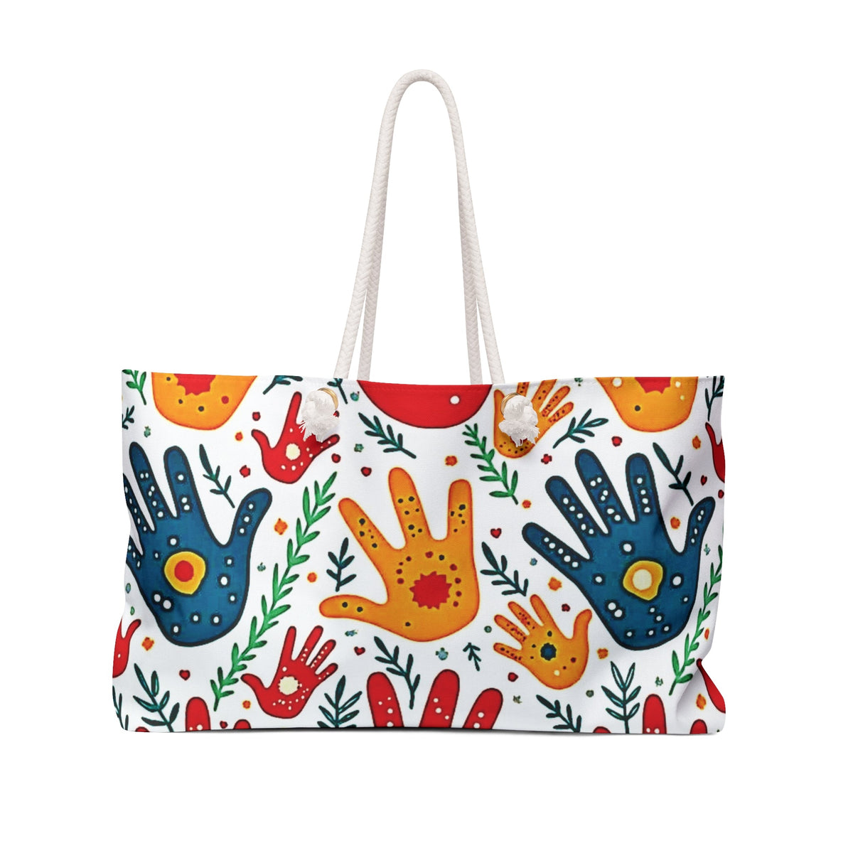 Sac de voyage bohème avec empreintes de mains colorées et imprimé palmiers