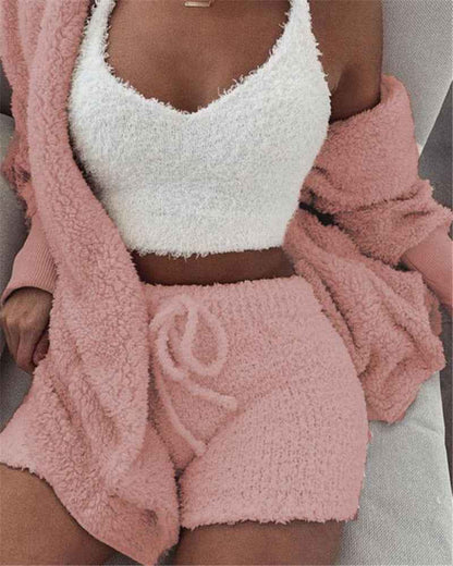Ensemble pyjama 3 pièces femme avec débardeur court à manches longues et short à cordon de serrage