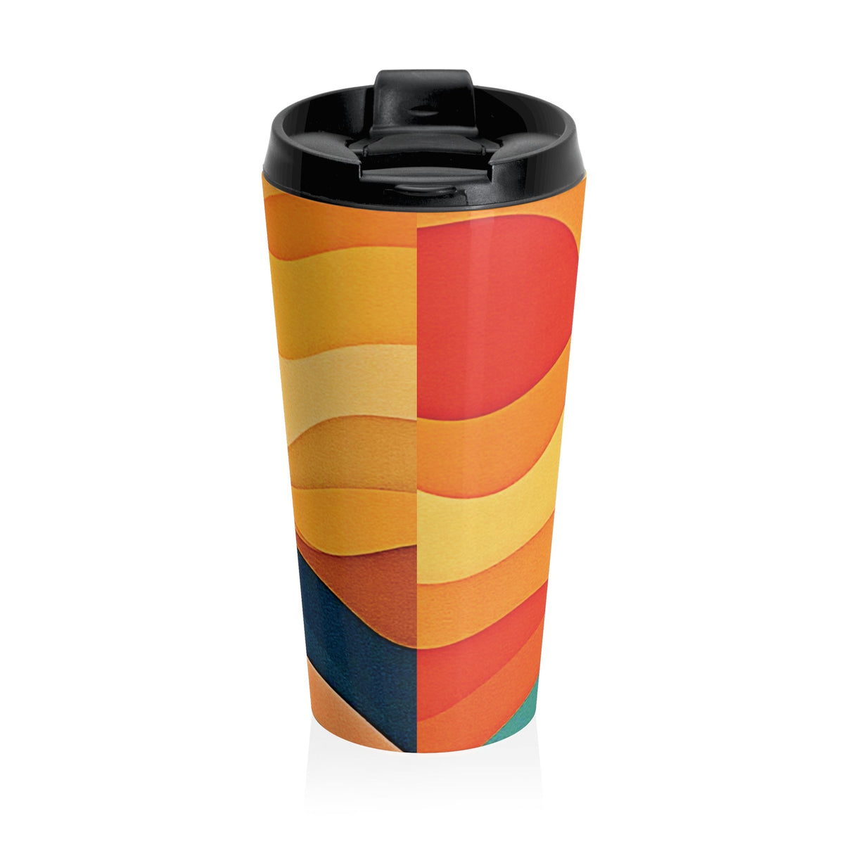 Mug de voyage en acier inoxydable Vagues au coucher du soleil — Design rétro abstrait orange et jaune