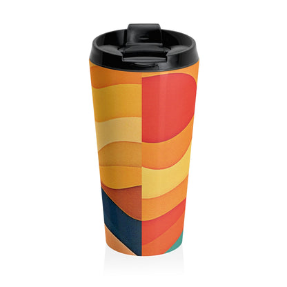 Mug de voyage en acier inoxydable Vagues au coucher du soleil — Design rétro abstrait orange et jaune
