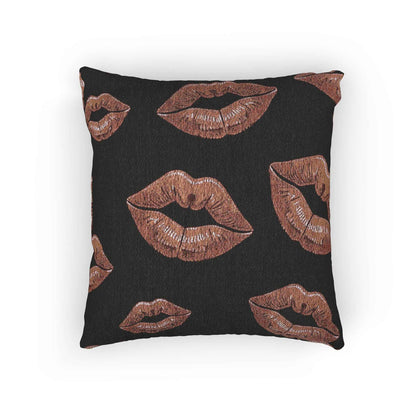 Oreiller tissé imprimé lèvres or rose | Fond noir, coussin décoratif