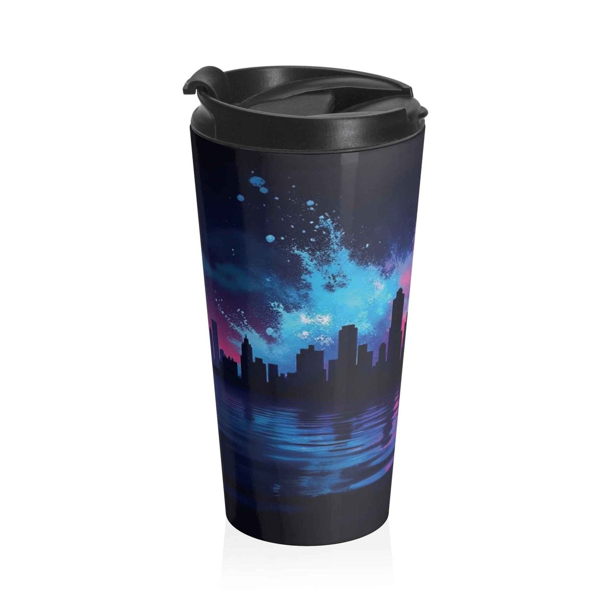 Mug de Voyage Isotherme en Acier Inoxydable Neon City Skyline — Thermos Urbain Rétro Coucher de Soleil