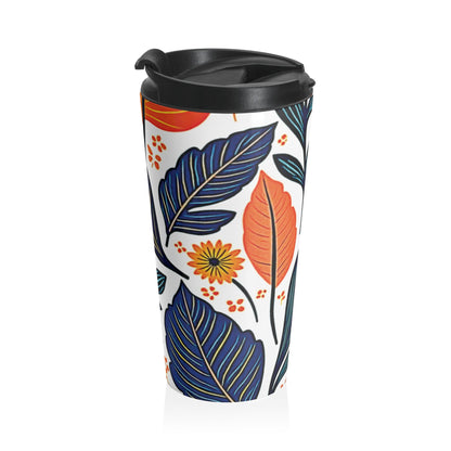 Mug de voyage floral feuillage d'automne | Motif feuilles orange et bleu