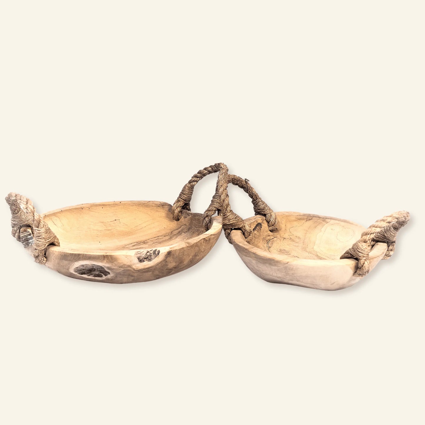 Rustic teak bowl with jute handles