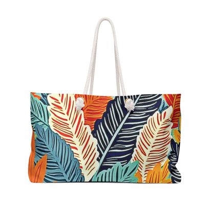 Sac de voyage à imprimé plumes tropicales | Motif feuilles colorées | Grand cabas | Sac maman débordée | Sac maman de tous les jours