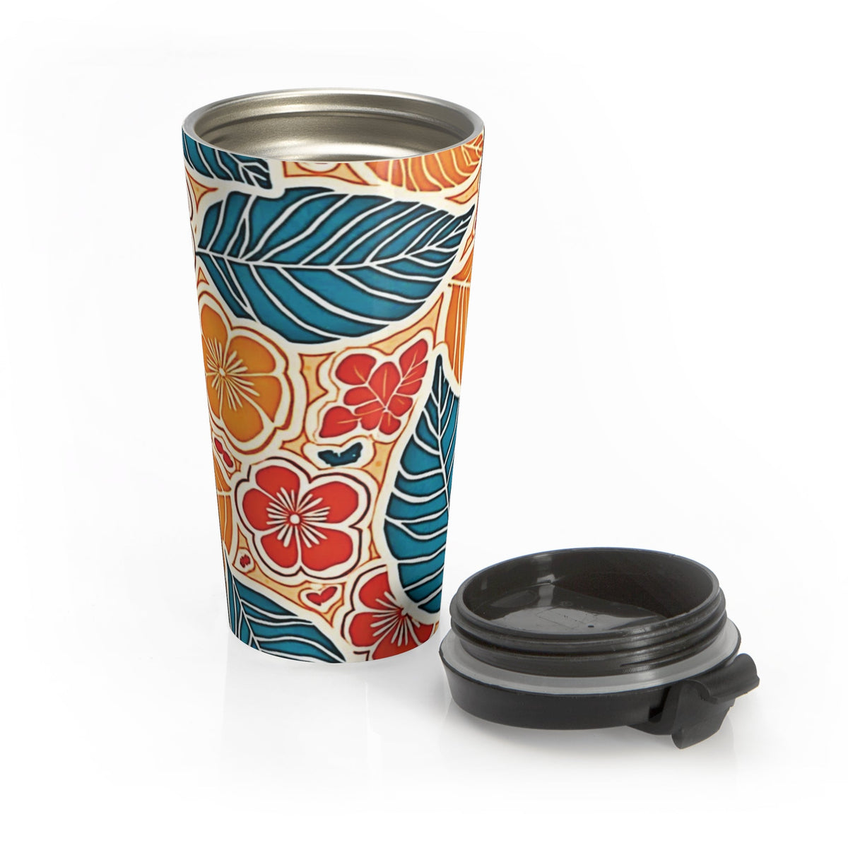 Mug de voyage feuilles florales tropicales | Hibiscus coloré en acier inoxydable