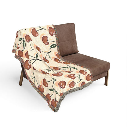 Couverture tissée à motif cerises — Jeté de fruits rétro pour salon et chambre