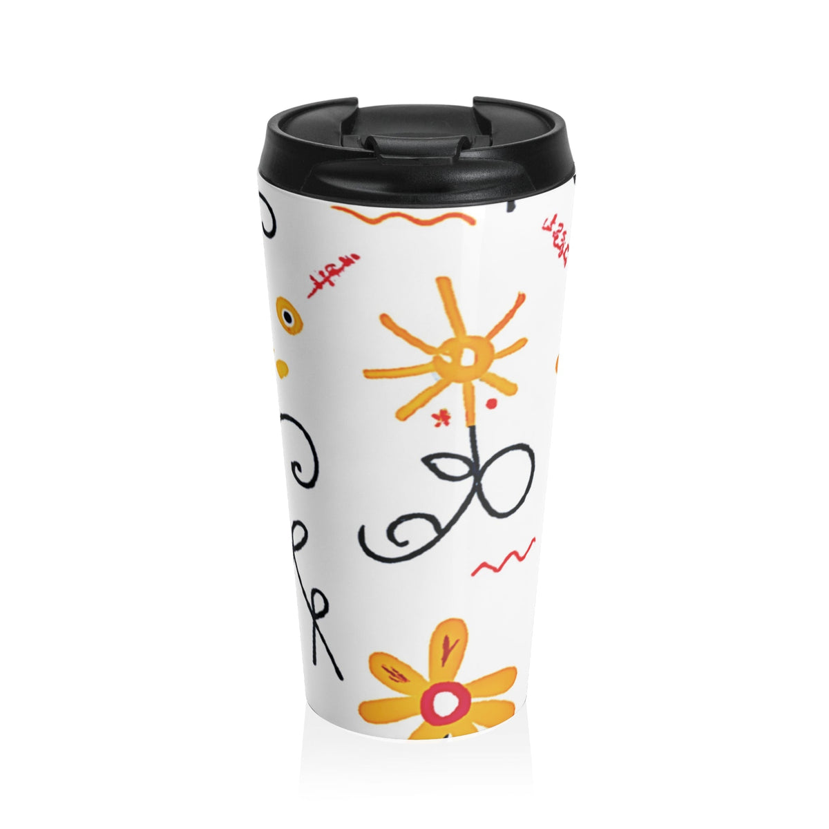 Mug de voyage en acier inoxydable Motif gribouillis floraux — Fleurs lumineuses dessinées à la main