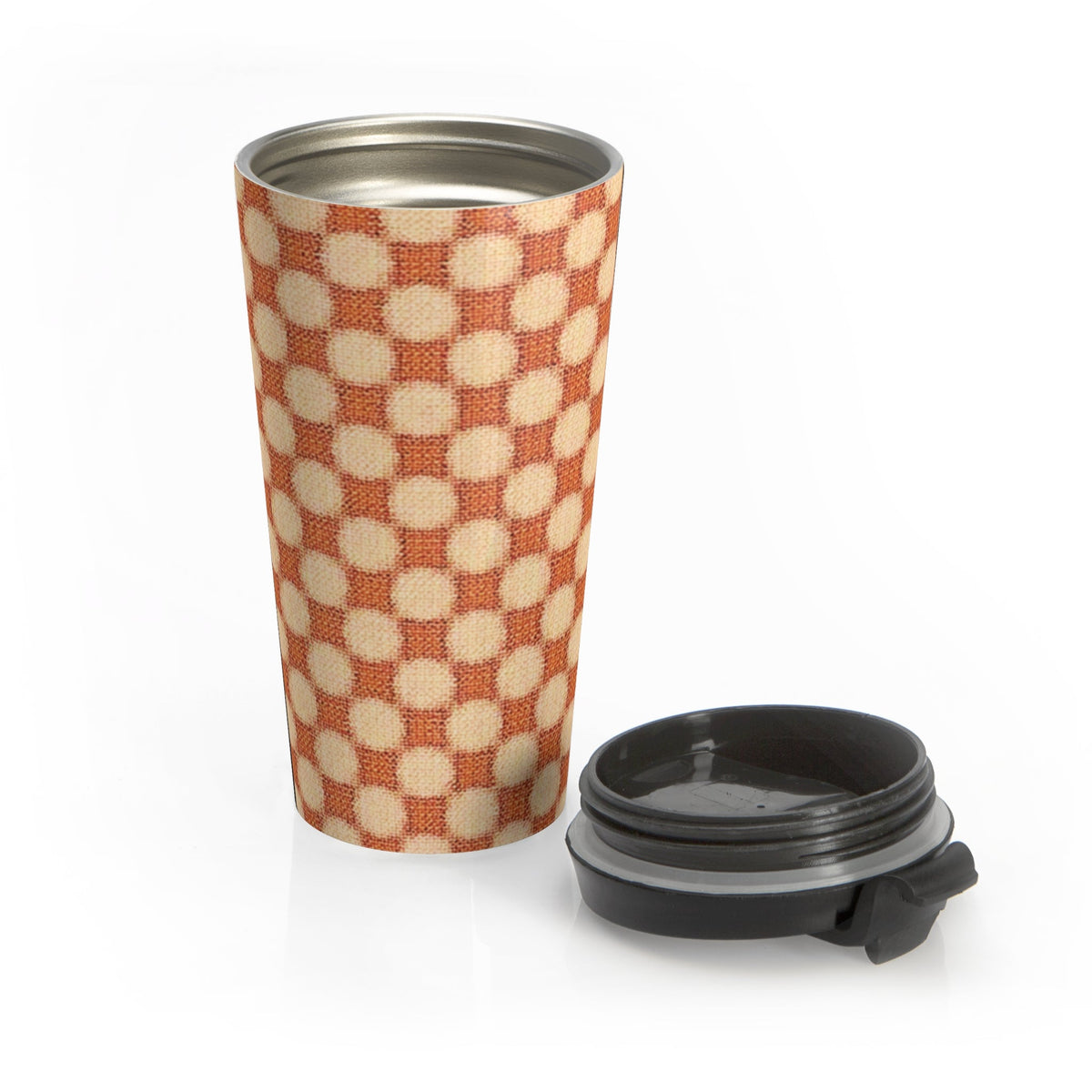 Checkerboard Retro Travel Mug — Vintage Orange Plaid Stainless Steel Tumbler