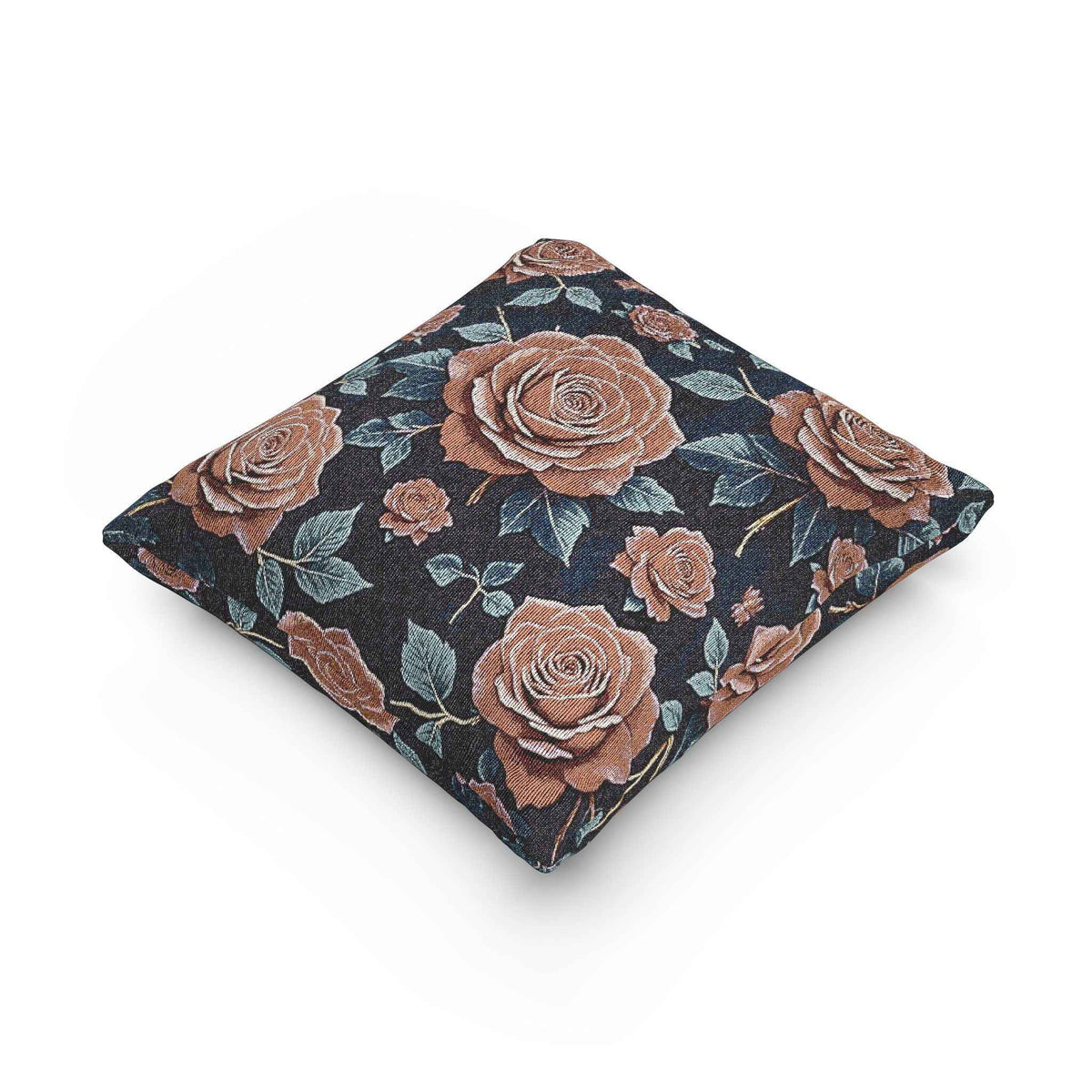 Coussin tissé rose vintage | Style tapisserie florale, fond marine