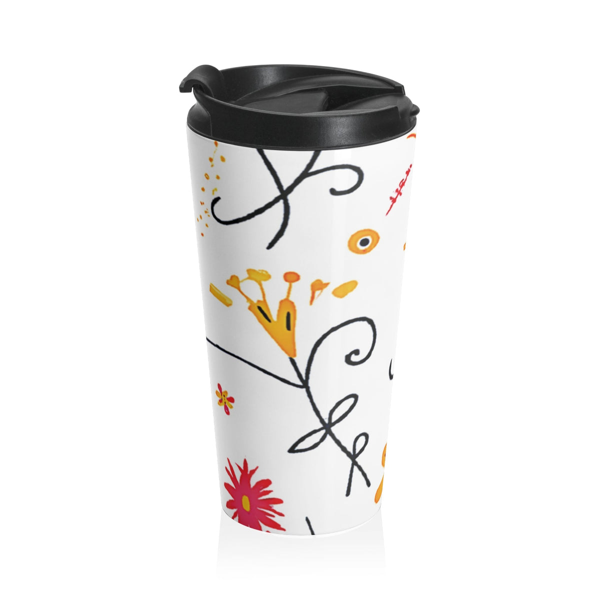 Mug de voyage en acier inoxydable Motif gribouillis floraux — Fleurs lumineuses dessinées à la main