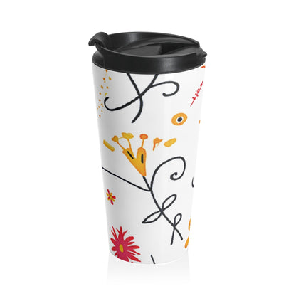 Mug de voyage en acier inoxydable Motif gribouillis floraux — Fleurs lumineuses dessinées à la main