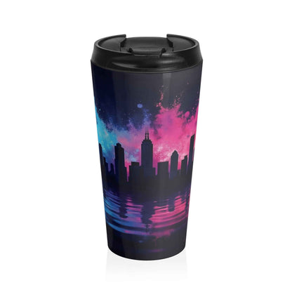 Mug de Voyage Isotherme en Acier Inoxydable Neon City Skyline — Thermos Urbain Rétro Coucher de Soleil