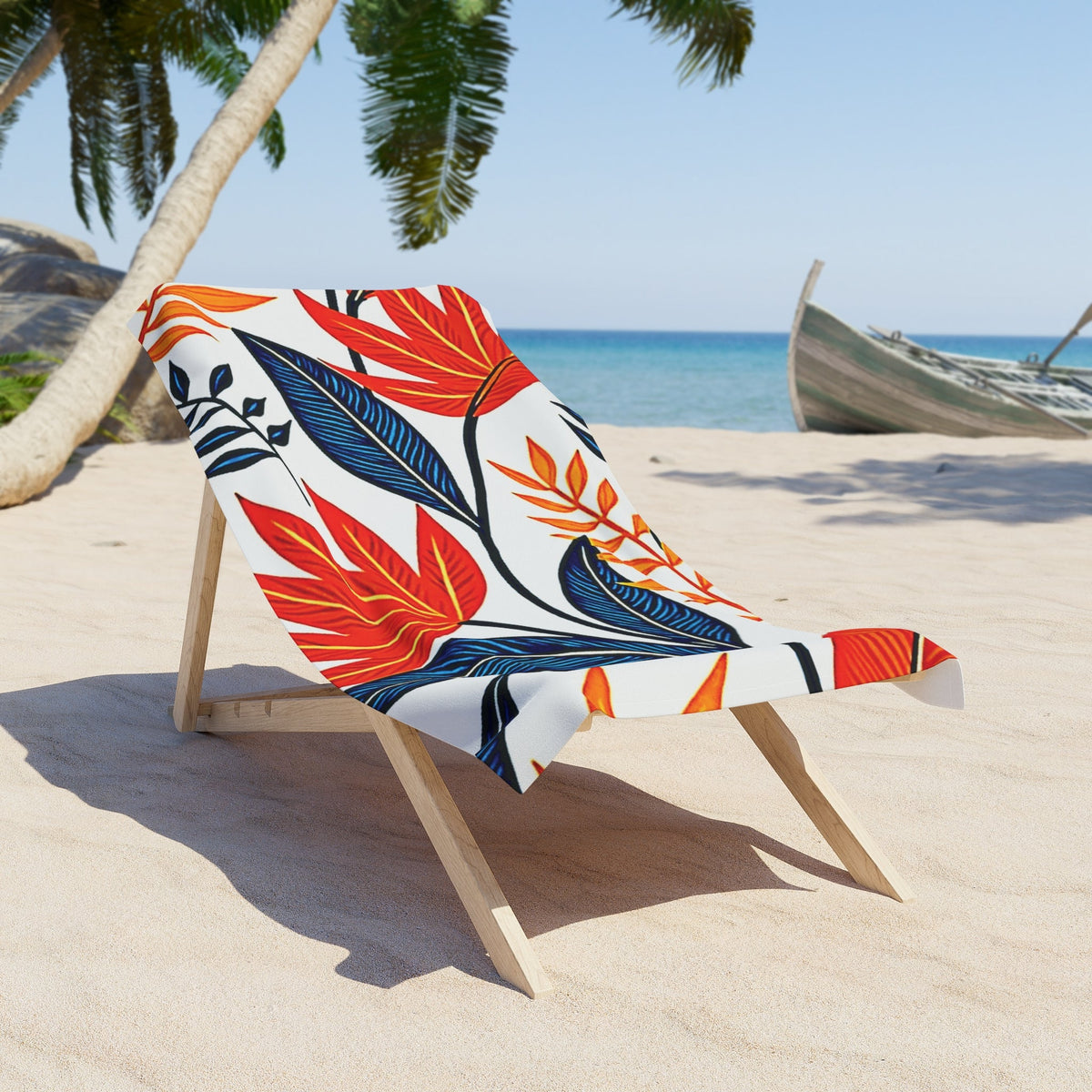 Serviette de Plage Feuilles Tropicales – Imprimé Floral Rouge & Bleu Audacieux