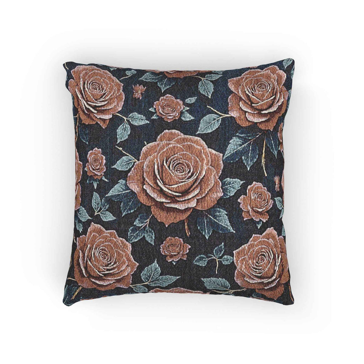 Coussin tissé rose vintage | Style tapisserie florale, fond marine