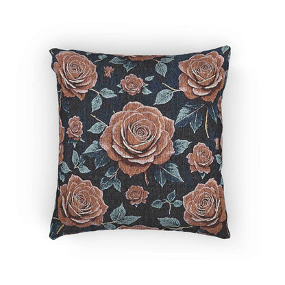 Coussin tissé rose vintage | Style tapisserie florale, fond marine