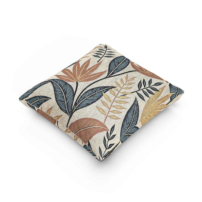 Oreiller tissé à motif de feuilles tropicales | Coussin décoratif botanique, design bleu rouille neutre